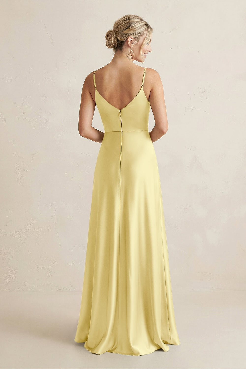 Cami Strap A - Line Shiny Satin Bridesmaid Dress in Buttercup - KissProm Bridesmaid Dresses