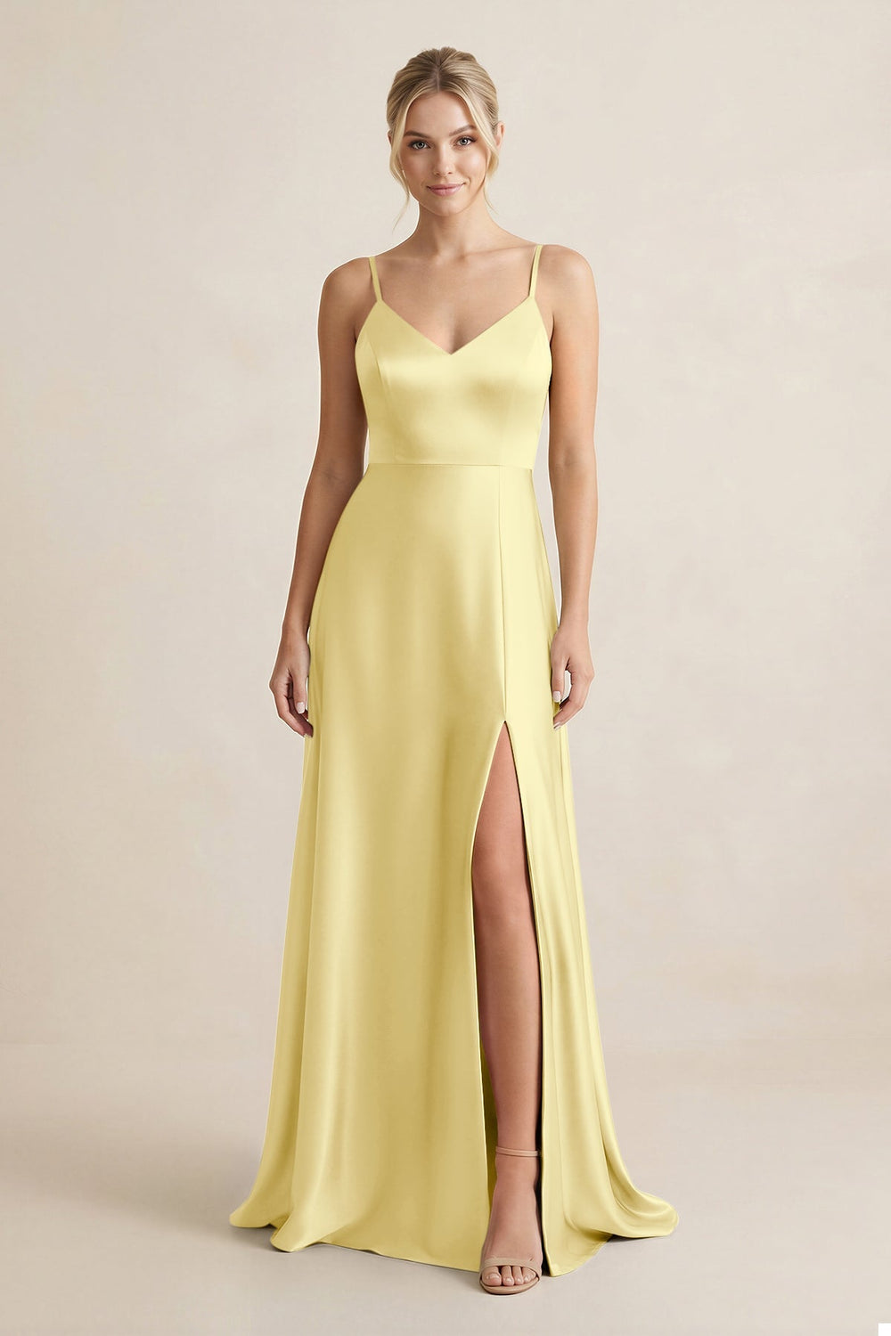 Cami Strap A - Line Shiny Satin Bridesmaid Dress in Buttercup - KissProm Bridesmaid Dresses