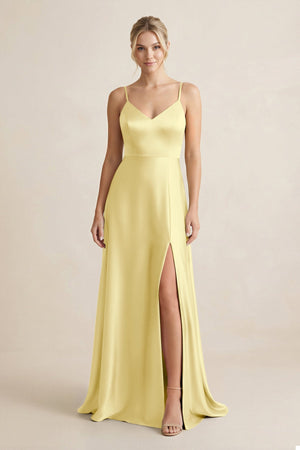 Cami Strap A - Line Shiny Satin Bridesmaid Dress in Buttercup - KissProm Bridesmaid Dresses