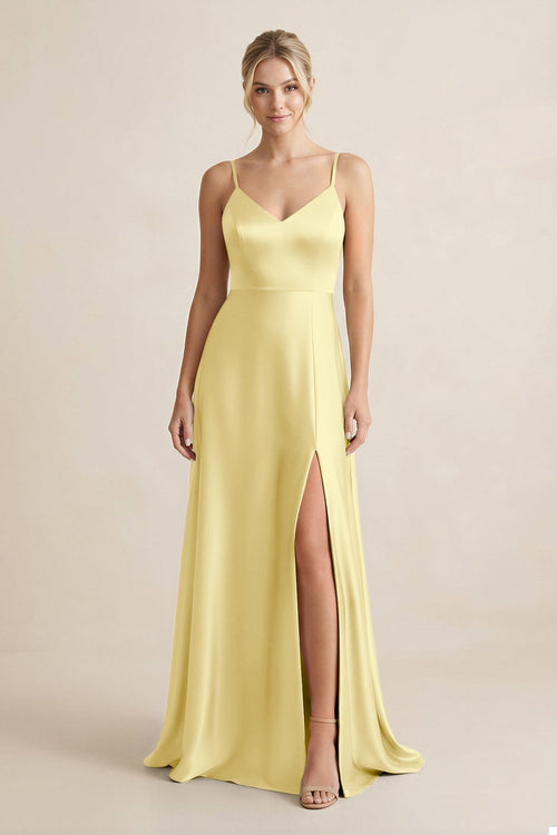 Cami Strap A - Line Shiny Satin Bridesmaid Dress in Buttercup - KissProm Bridesmaid Dresses
