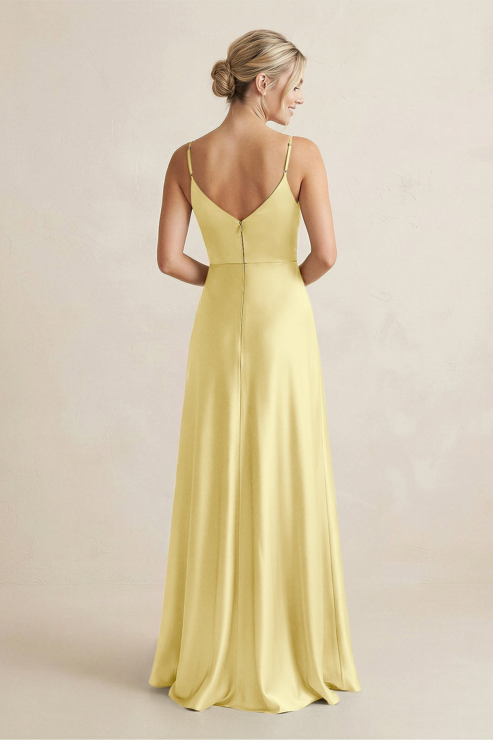 Cami Strap A - Line Shiny Satin Bridesmaid Dress in Buttercup - KissProm Bridesmaid Dresses