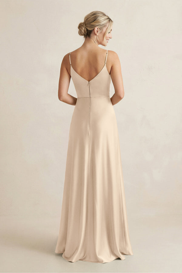 Cami Strap A - Line Shiny Satin Bridesmaid Dress in Champagne - KissProm Bridesmaid Dresses