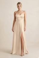 Cami Strap A - Line Shiny Satin Bridesmaid Dress in Champagne - KissProm Bridesmaid Dresses