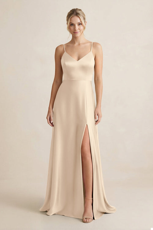 Cami Strap A - Line Shiny Satin Bridesmaid Dress in Champagne - KissProm Bridesmaid Dresses