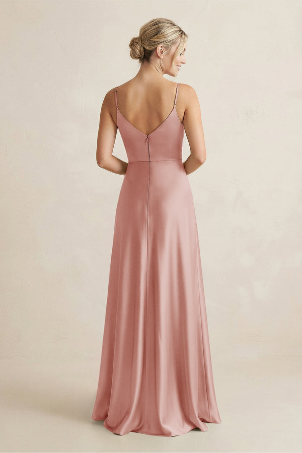 Cami Strap A - Line Shiny Satin Bridesmaid Dress in Champagne Rose - KissProm Bridesmaid Dresses