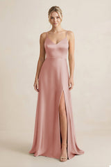 Cami Strap A - Line Shiny Satin Bridesmaid Dress in Champagne Rose - KissProm Bridesmaid Dresses