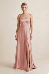 Cami Strap A - Line Shiny Satin Bridesmaid Dress in Champagne Rose - KissProm Bridesmaid Dresses
