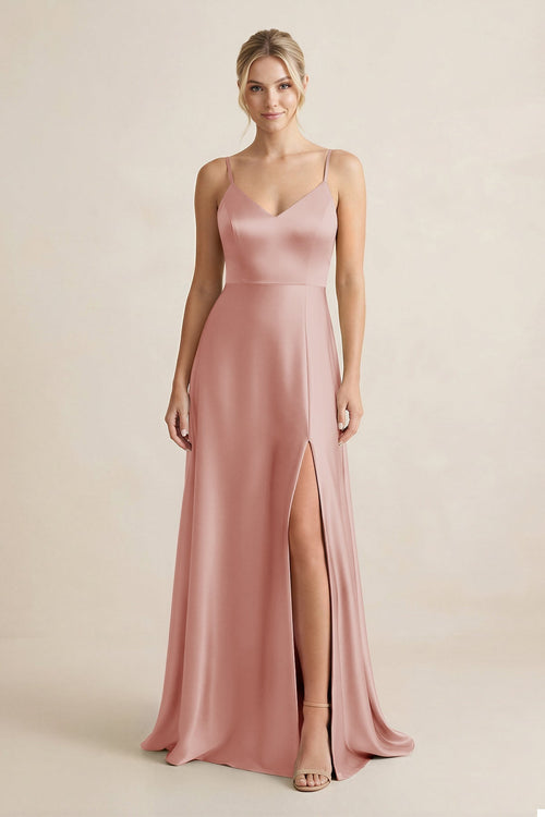 Cami Strap A - Line Shiny Satin Bridesmaid Dress in Champagne Rose - KissProm Bridesmaid Dresses