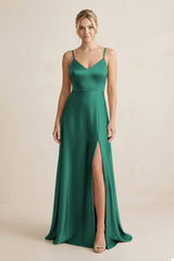 Cami Strap A - Line Shiny Satin Bridesmaid Dress in Dark Green - KissProm Bridesmaid Dresses