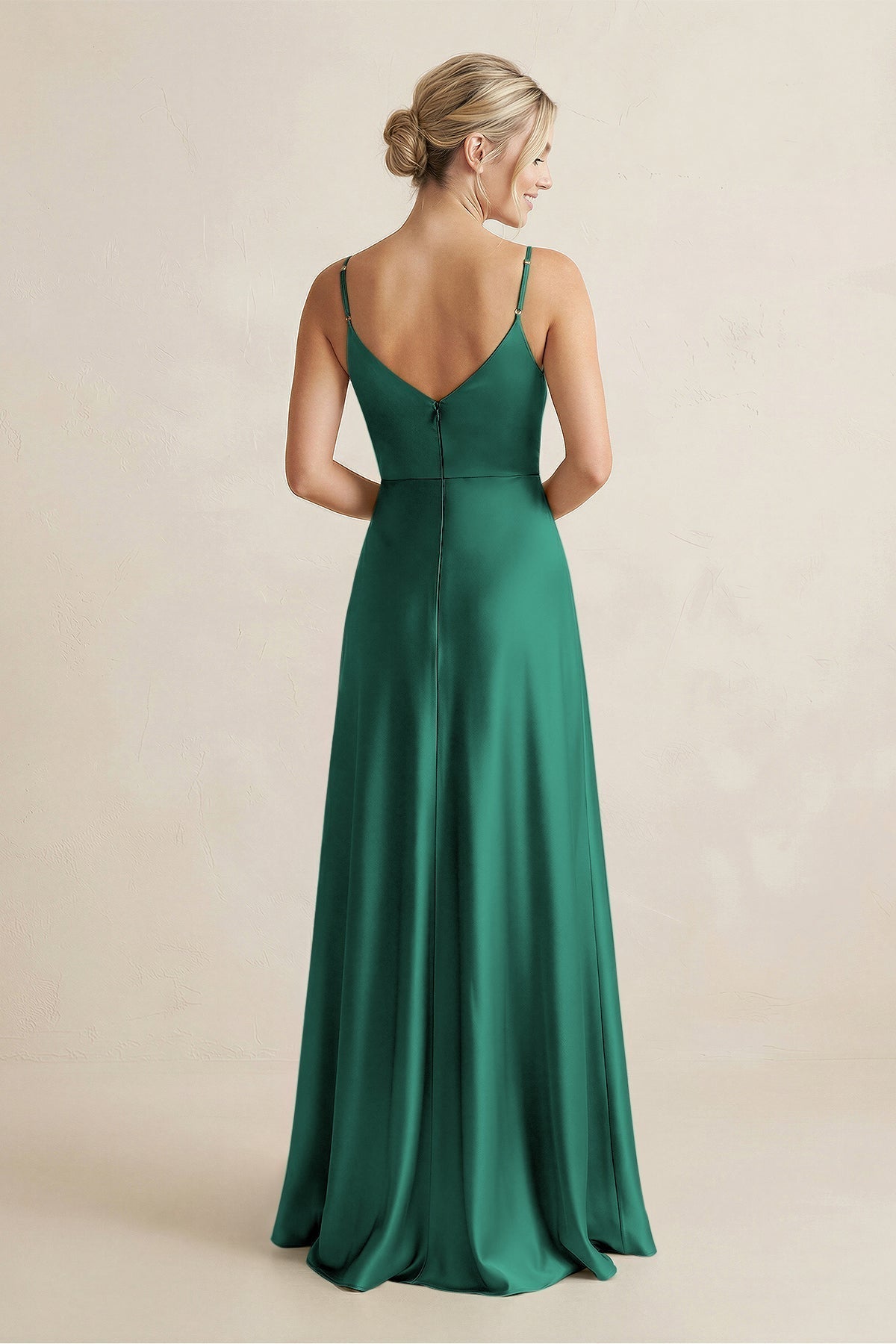 KissProm Cami Strap A-Line Shiny Satin Bridesmaid Dress in Dark Green, Dark Green / 30