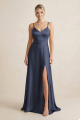 Cami Strap A - Line Shiny Satin Bridesmaid Dress in Dark Navy - KissProm Bridesmaid Dresses