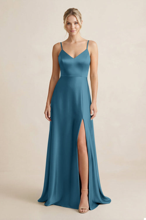 Cami Strap A-Line Shiny Satin Bridesmaid Dress in Dark Teal Cami Strap A-Line Shiny Satin Bridesmaid Dress in Dark Teal