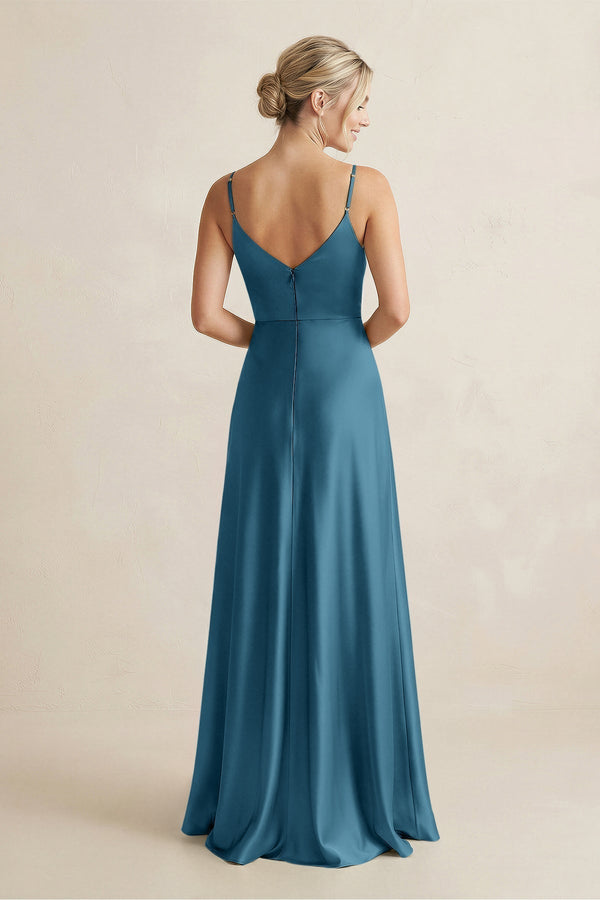 Cami Strap A - Line Shiny Satin Bridesmaid Dress in Dark Teal - KissProm Bridesmaid Dresses
