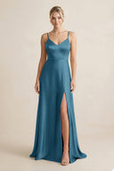 Cami Strap A - Line Shiny Satin Bridesmaid Dress in Dark Teal - KissProm Bridesmaid Dresses