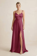 Cami Strap A - Line Shiny Satin Bridesmaid Dress in Desert Rose - KissProm Bridesmaid Dresses
