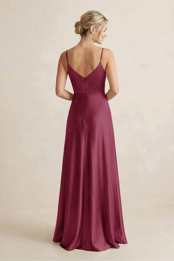 Cami Strap A - Line Shiny Satin Bridesmaid Dress in Desert Rose - KissProm Bridesmaid Dresses