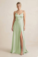 Cami Strap A - Line Shiny Satin Bridesmaid Dress in Dusty Sage - KissProm Bridesmaid Dresses