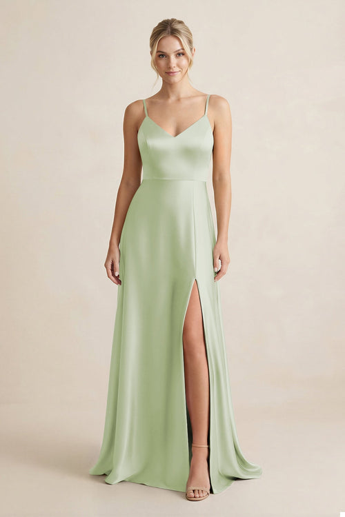 Cami Strap A - Line Shiny Satin Bridesmaid Dress in Dusty Sage - KissProm Bridesmaid Dresses