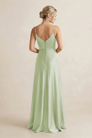Cami Strap A - Line Shiny Satin Bridesmaid Dress in Dusty Sage - KissProm Bridesmaid Dresses