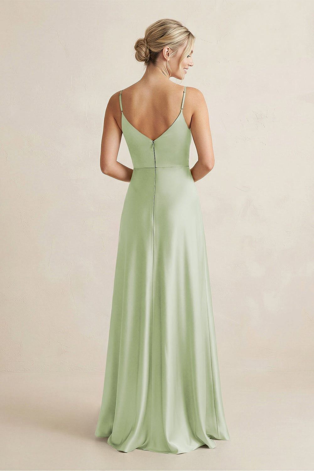 Cami Strap A - Line Shiny Satin Bridesmaid Dress in Dusty Sage - KissProm Bridesmaid Dresses