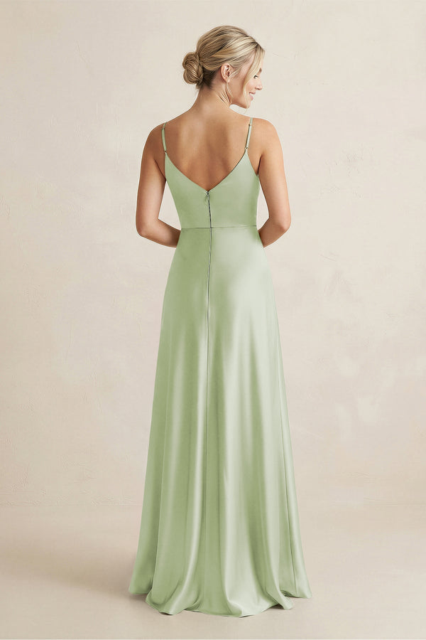 Cami Strap A - Line Shiny Satin Bridesmaid Dress in Dusty Sage - KissProm Bridesmaid Dresses