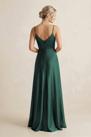 Cami Strap A - Line Shiny Satin Bridesmaid Dress in Emerald - KissProm Bridesmaid Dresses