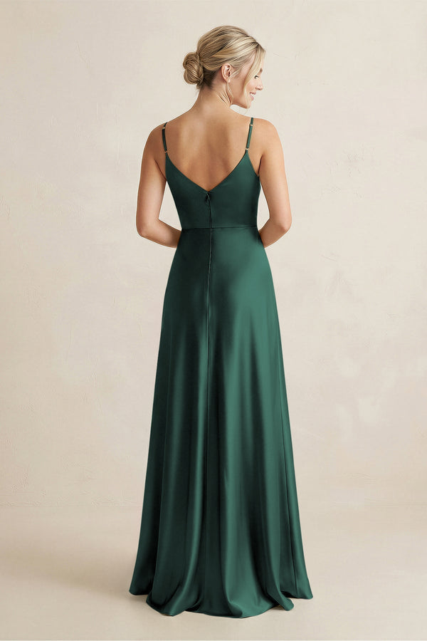 Cami Strap A - Line Shiny Satin Bridesmaid Dress in Emerald - KissProm Bridesmaid Dresses
