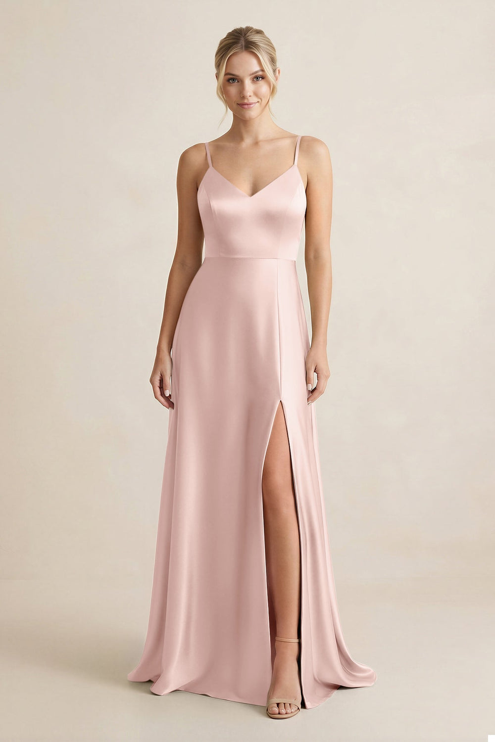 Cami Strap A - Line Shiny Satin Bridesmaid Dress in English Rose - KissProm Bridesmaid Dresses