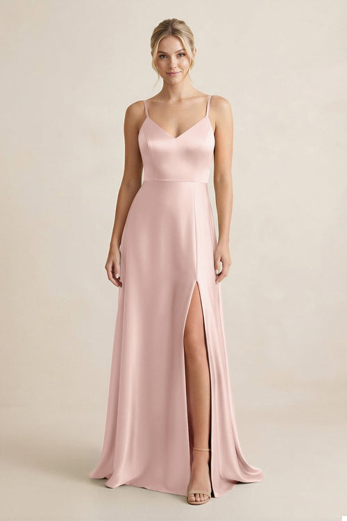 Cami Strap A - Line Shiny Satin Bridesmaid Dress in English Rose - KissProm Bridesmaid Dresses