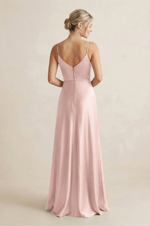 Cami Strap A - Line Shiny Satin Bridesmaid Dress in English Rose - KissProm Bridesmaid Dresses