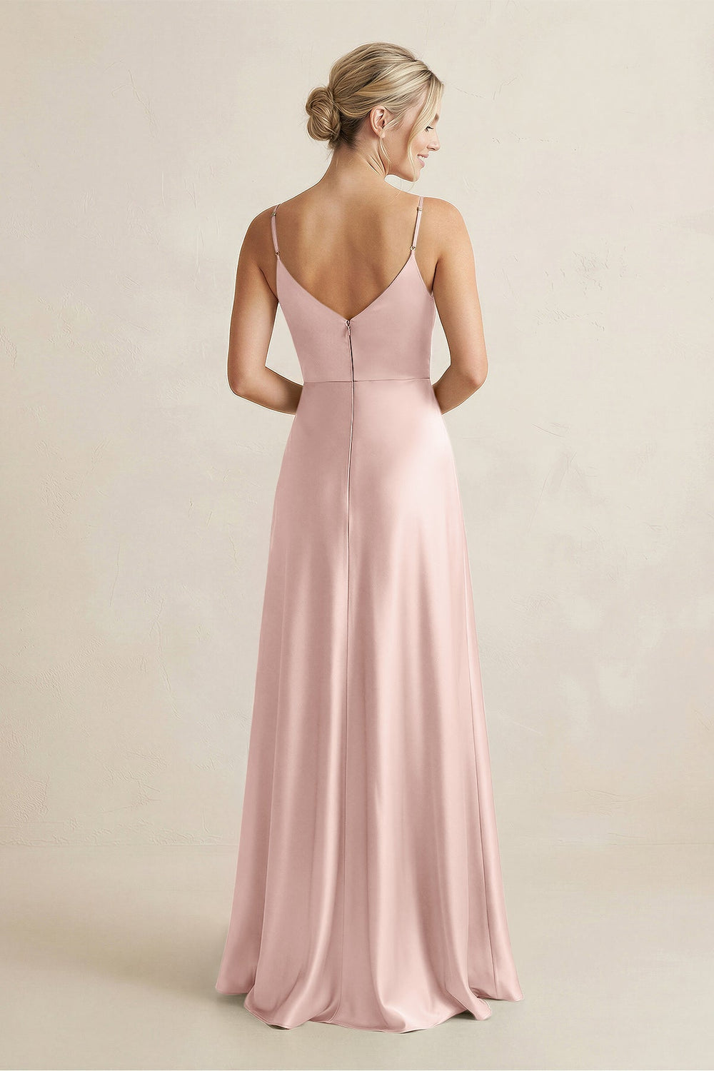 Cami Strap A - Line Shiny Satin Bridesmaid Dress in English Rose - KissProm Bridesmaid Dresses