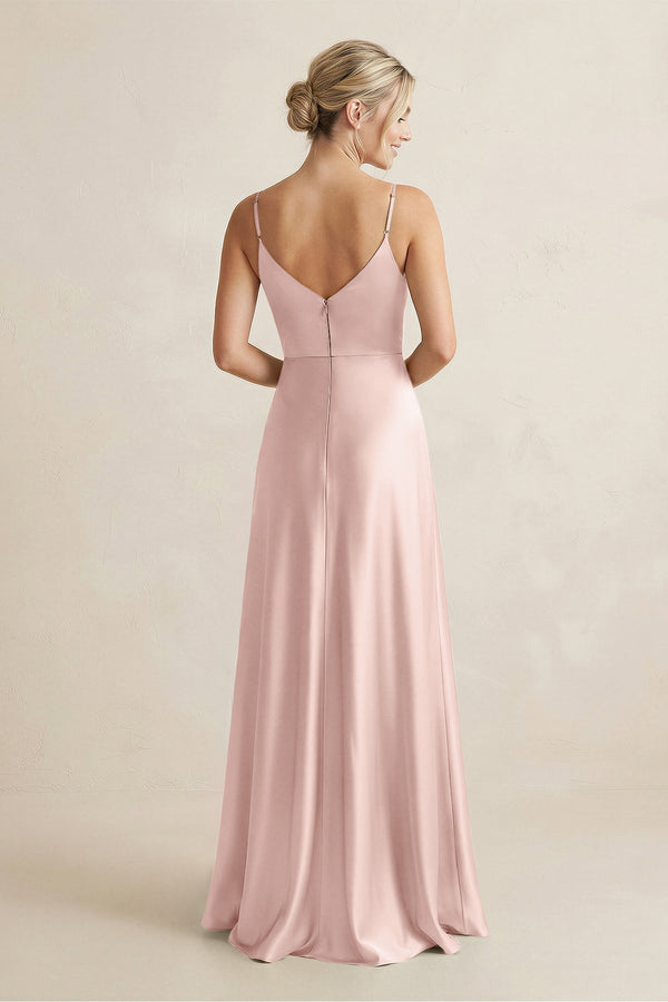 Cami Strap A - Line Shiny Satin Bridesmaid Dress in English Rose - KissProm Bridesmaid Dresses