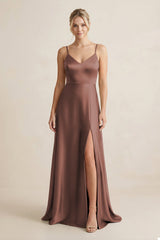 Cami Strap A - Line Shiny Satin Bridesmaid Dress in Espresso - KissProm Bridesmaid Dresses