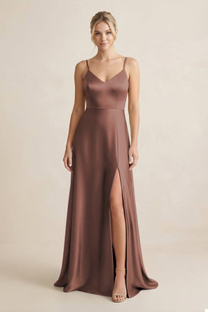 Cami Strap A - Line Shiny Satin Bridesmaid Dress in Espresso - KissProm Bridesmaid Dresses