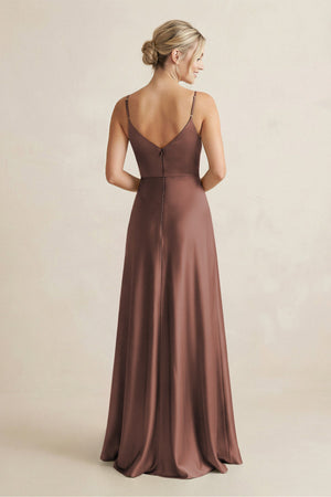 Cami Strap A - Line Shiny Satin Bridesmaid Dress in Espresso - KissProm Bridesmaid Dresses