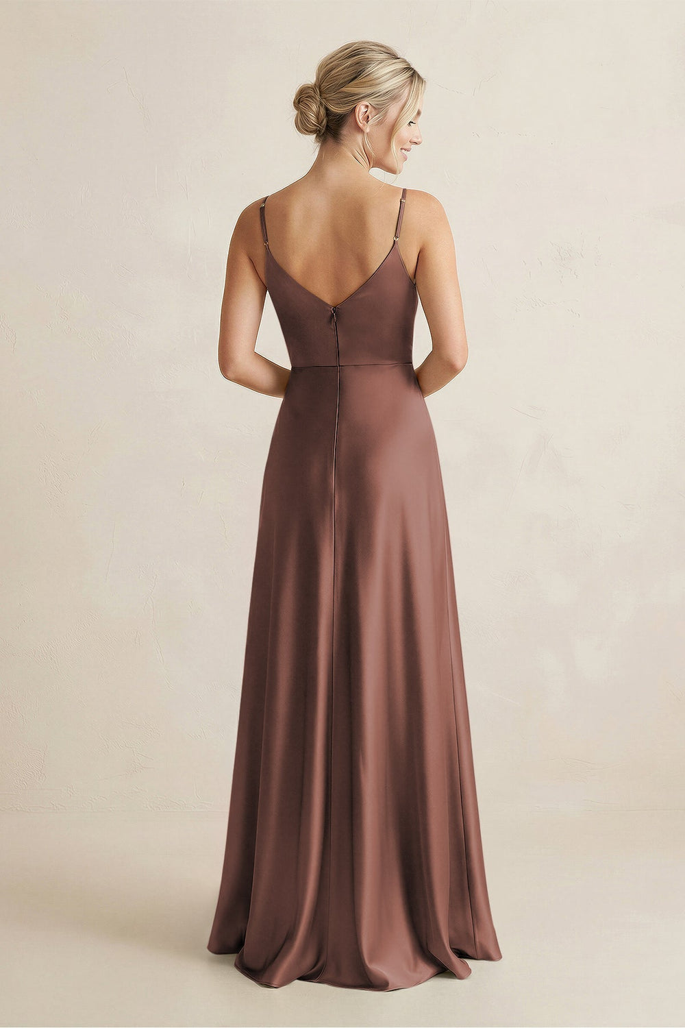 Cami Strap A - Line Shiny Satin Bridesmaid Dress in Espresso - KissProm Bridesmaid Dresses