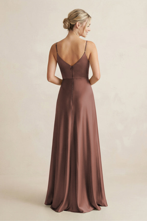 Cami Strap A - Line Shiny Satin Bridesmaid Dress in Espresso - KissProm Bridesmaid Dresses