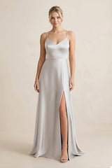 Cami Strap A - Line Shiny Satin Bridesmaid Dress in Frost - KissProm Bridesmaid Dresses