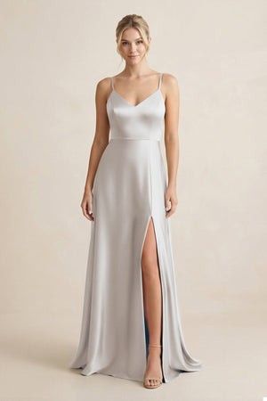 Cami Strap A - Line Shiny Satin Bridesmaid Dress in Frost - KissProm Bridesmaid Dresses