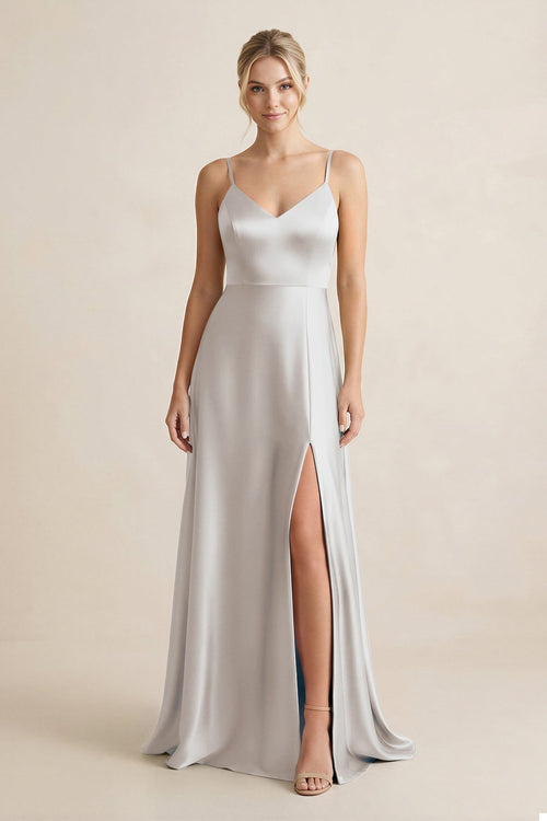 Cami Strap A - Line Shiny Satin Bridesmaid Dress in Frost - KissProm Bridesmaid Dresses
