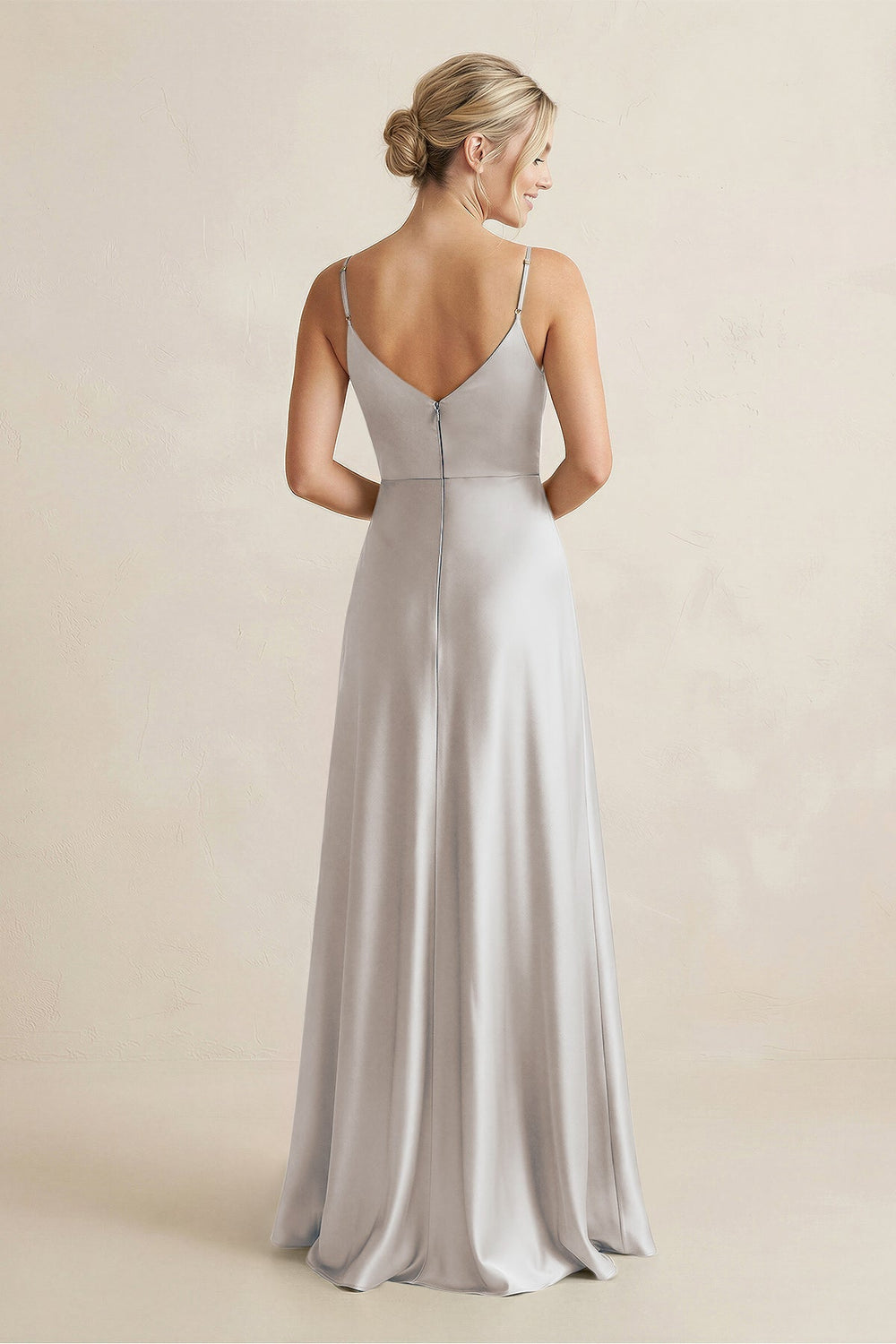 Cami Strap A - Line Shiny Satin Bridesmaid Dress in Frost - KissProm Bridesmaid Dresses