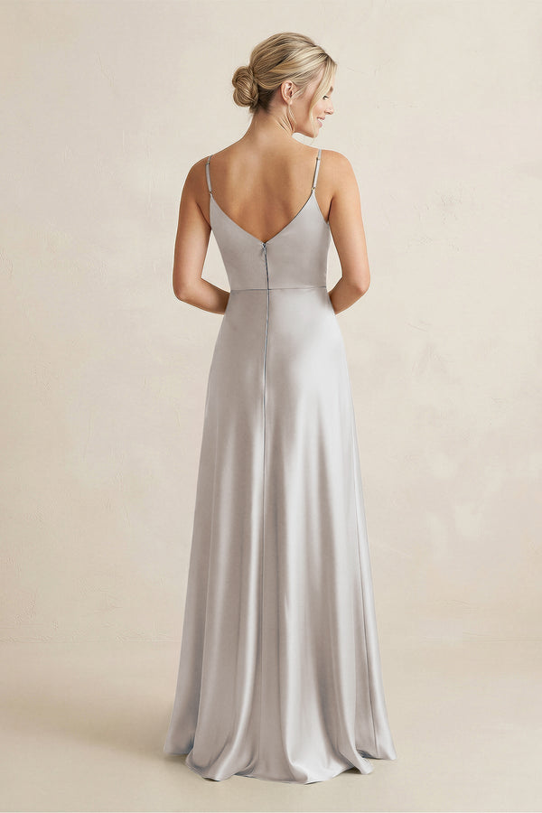 Cami Strap A - Line Shiny Satin Bridesmaid Dress in Frost - KissProm Bridesmaid Dresses