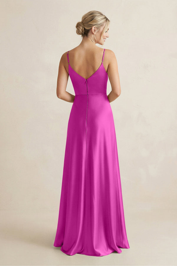 Cami Strap A - Line Shiny Satin Bridesmaid Dress in Fuchsia - KissProm Bridesmaid Dresses