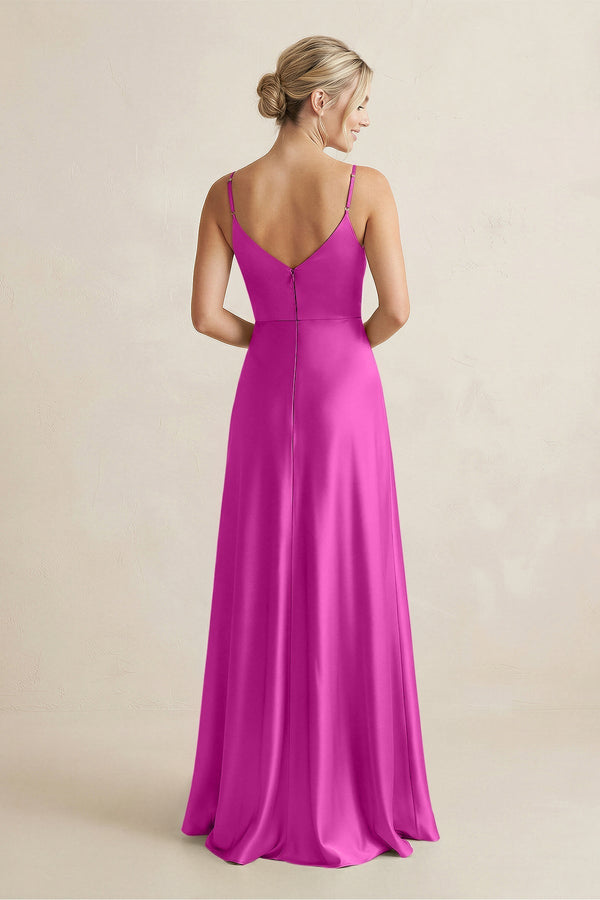 Cami Strap A - Line Shiny Satin Bridesmaid Dress in Fuchsia - KissProm Bridesmaid Dresses