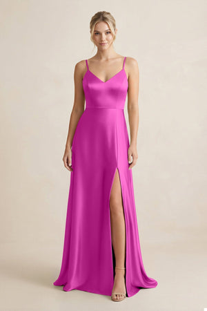 Cami Strap A - Line Shiny Satin Bridesmaid Dress in Fuchsia - KissProm Bridesmaid Dresses