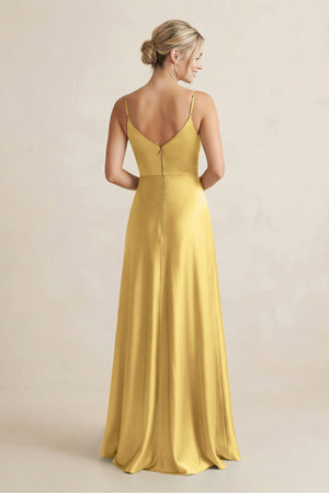 Cami Strap A - Line Shiny Satin Bridesmaid Dress in Gold - KissProm Bridesmaid Dresses