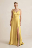 Cami Strap A - Line Shiny Satin Bridesmaid Dress in Gold - KissProm Bridesmaid Dresses