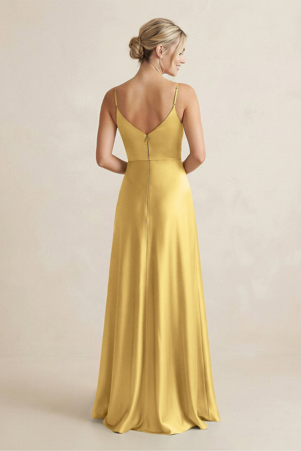 Cami Strap A - Line Shiny Satin Bridesmaid Dress in Gold - KissProm Bridesmaid Dresses