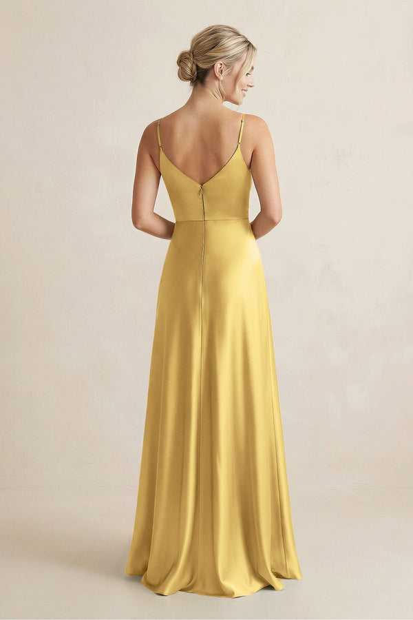 Cami Strap A - Line Shiny Satin Bridesmaid Dress in Gold - KissProm Bridesmaid Dresses