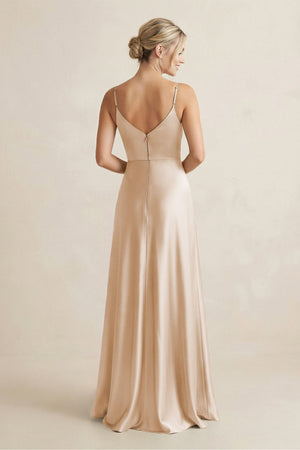 Cami Strap A - Line Shiny Satin Bridesmaid Dress in Golden Champagne - KissProm Bridesmaid Dresses